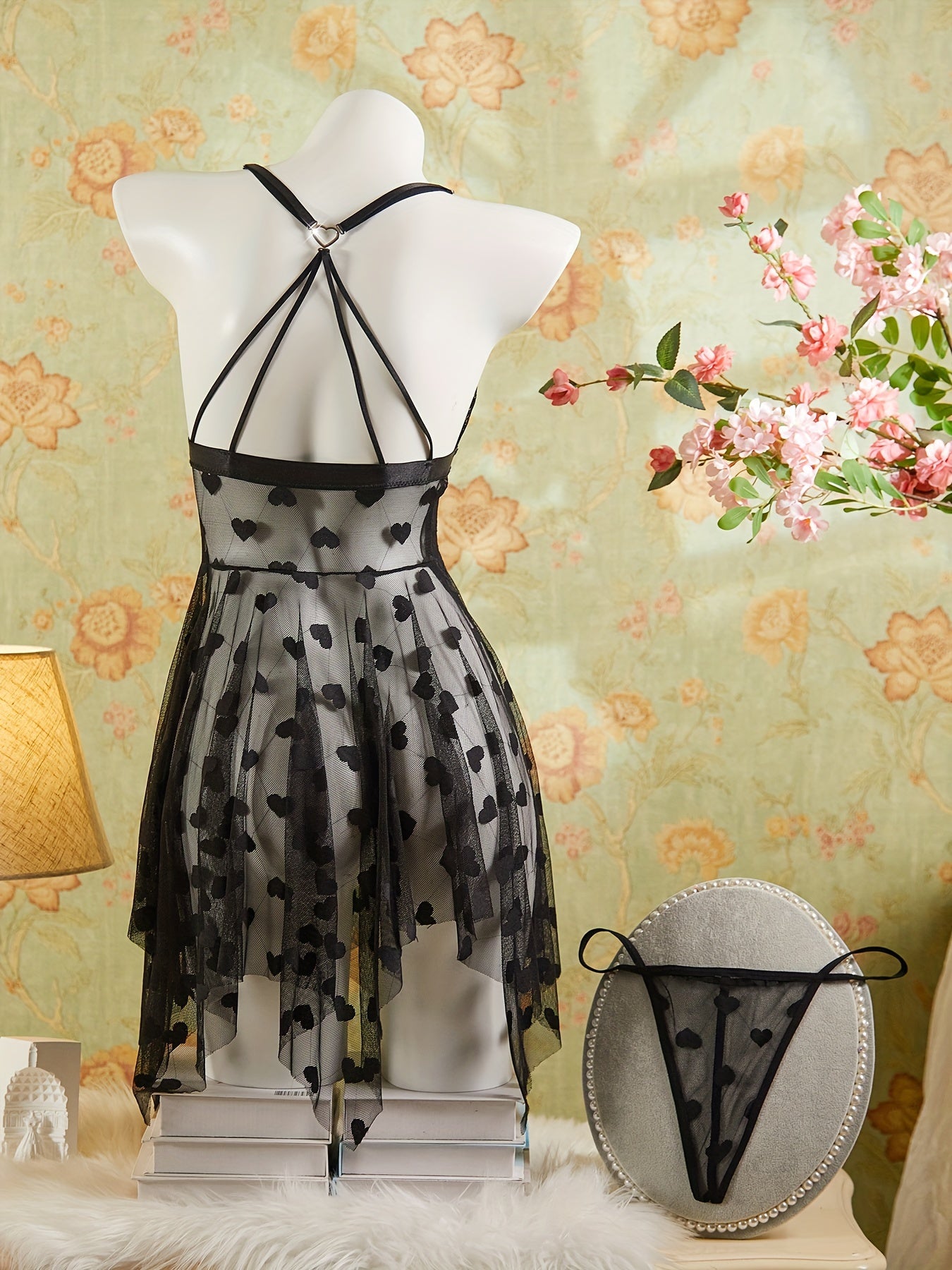 Women's Heart Design Deep V-Neck Slip Dress and Thong Lingerie Set