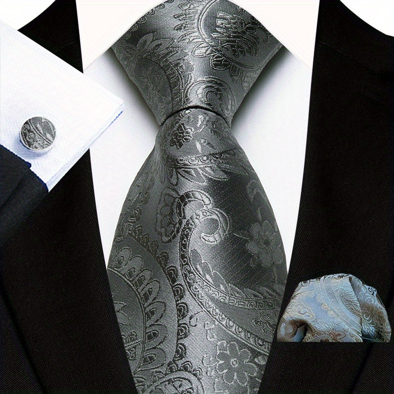 Men's Floral Plaid Necktie and Handkerchief Clip Set for Business and Weddings