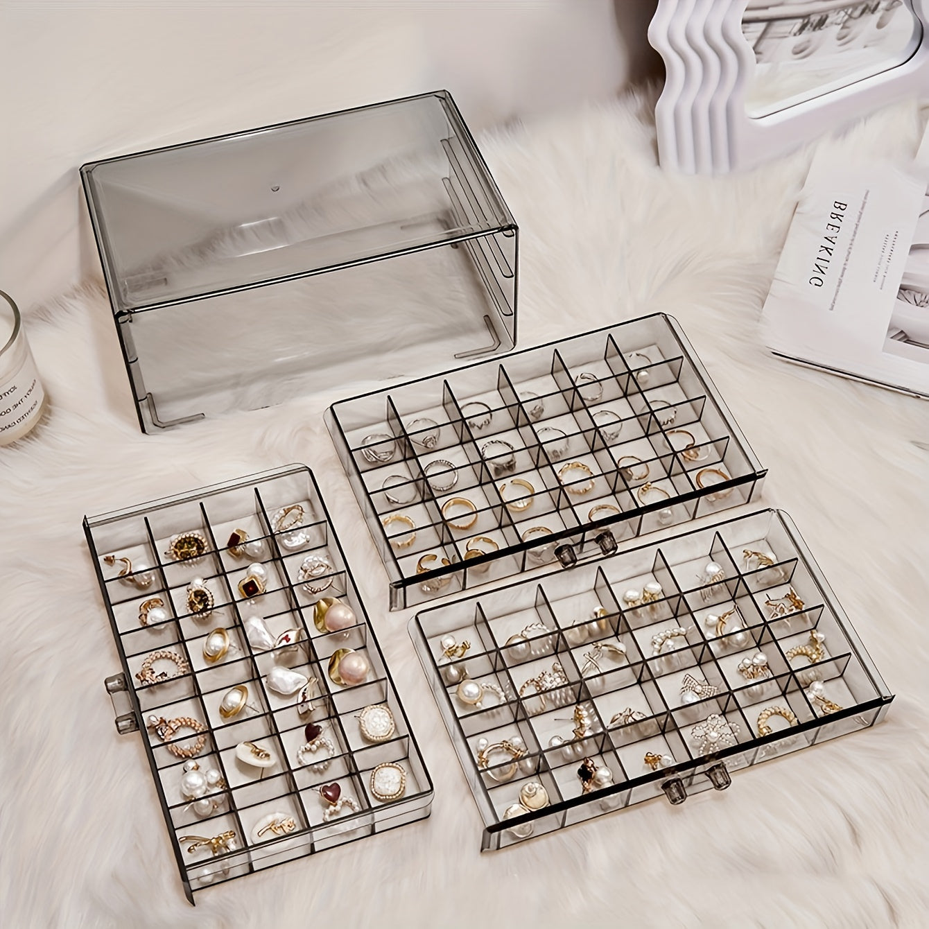 Large Capacity Jewelry Storage Box with 3 Layers and 72 Grids for Earrings and Necklaces
