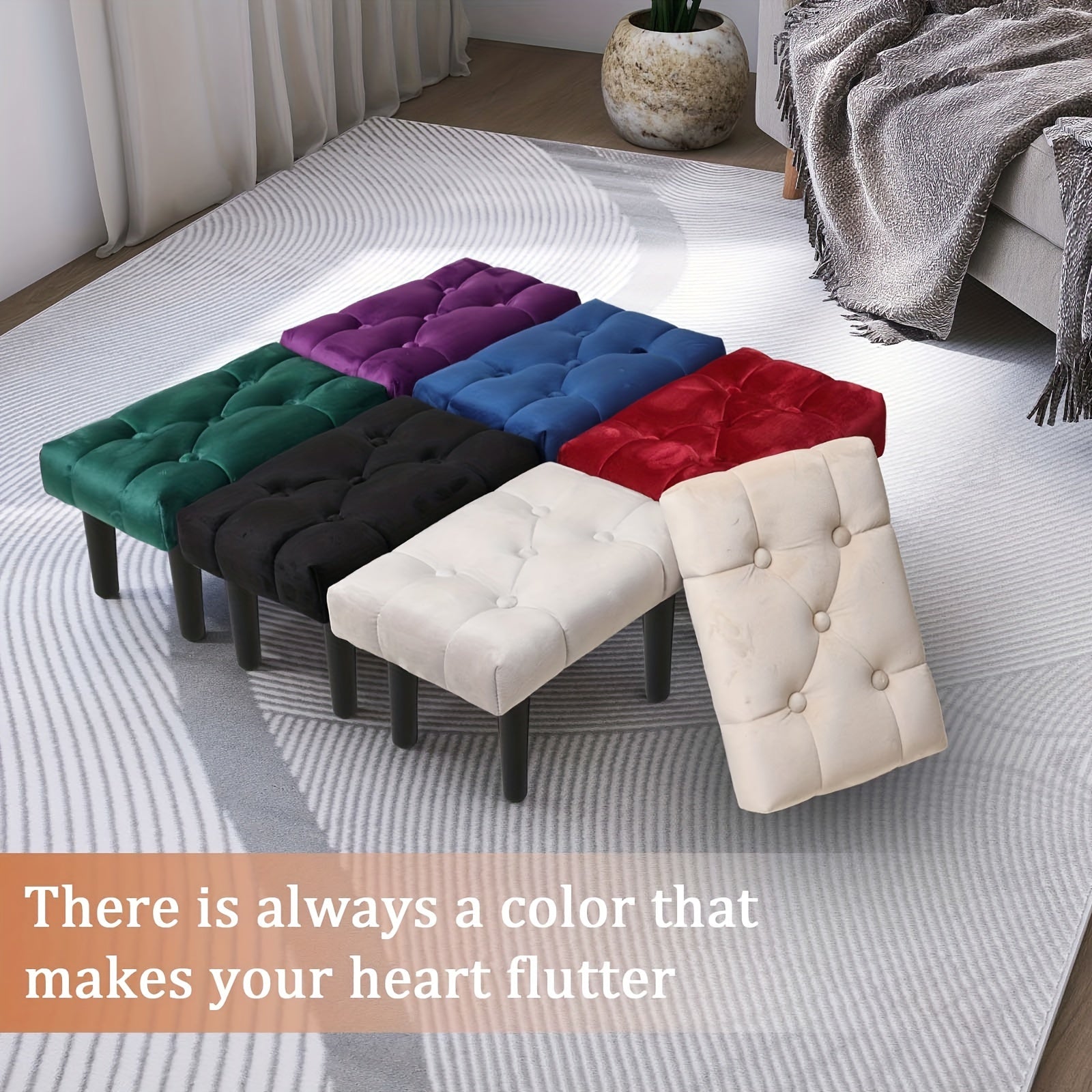 Small Velvet Footstool Ottoman with Wood Legs for Living Room Entryway Office