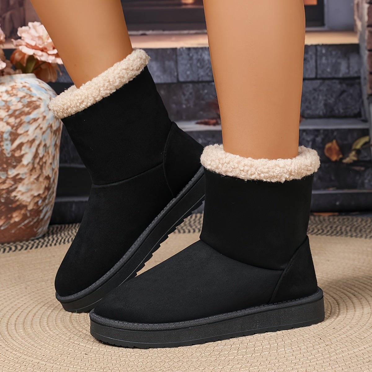 Women's Beige Snow Boots Slip-On Winter Shoes Cushioned Sole