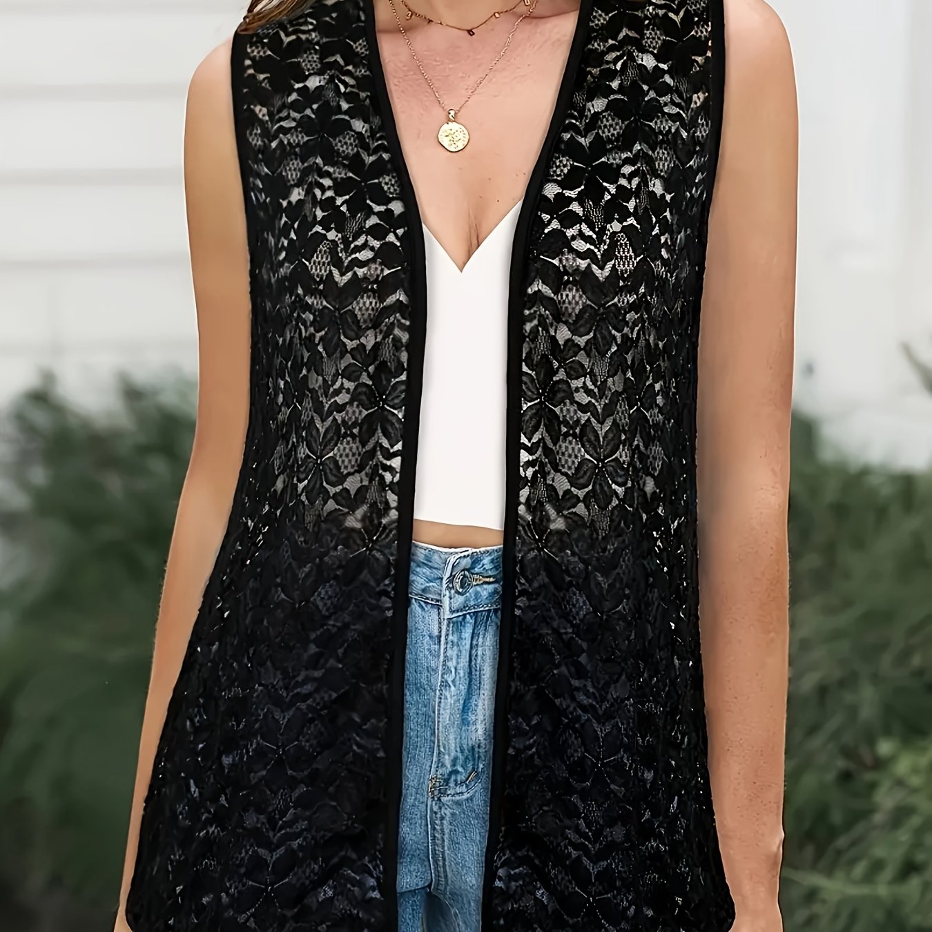 Plus Size Women's Sleeveless Cardigan Sheer Lace Burgundy Floral Open Front