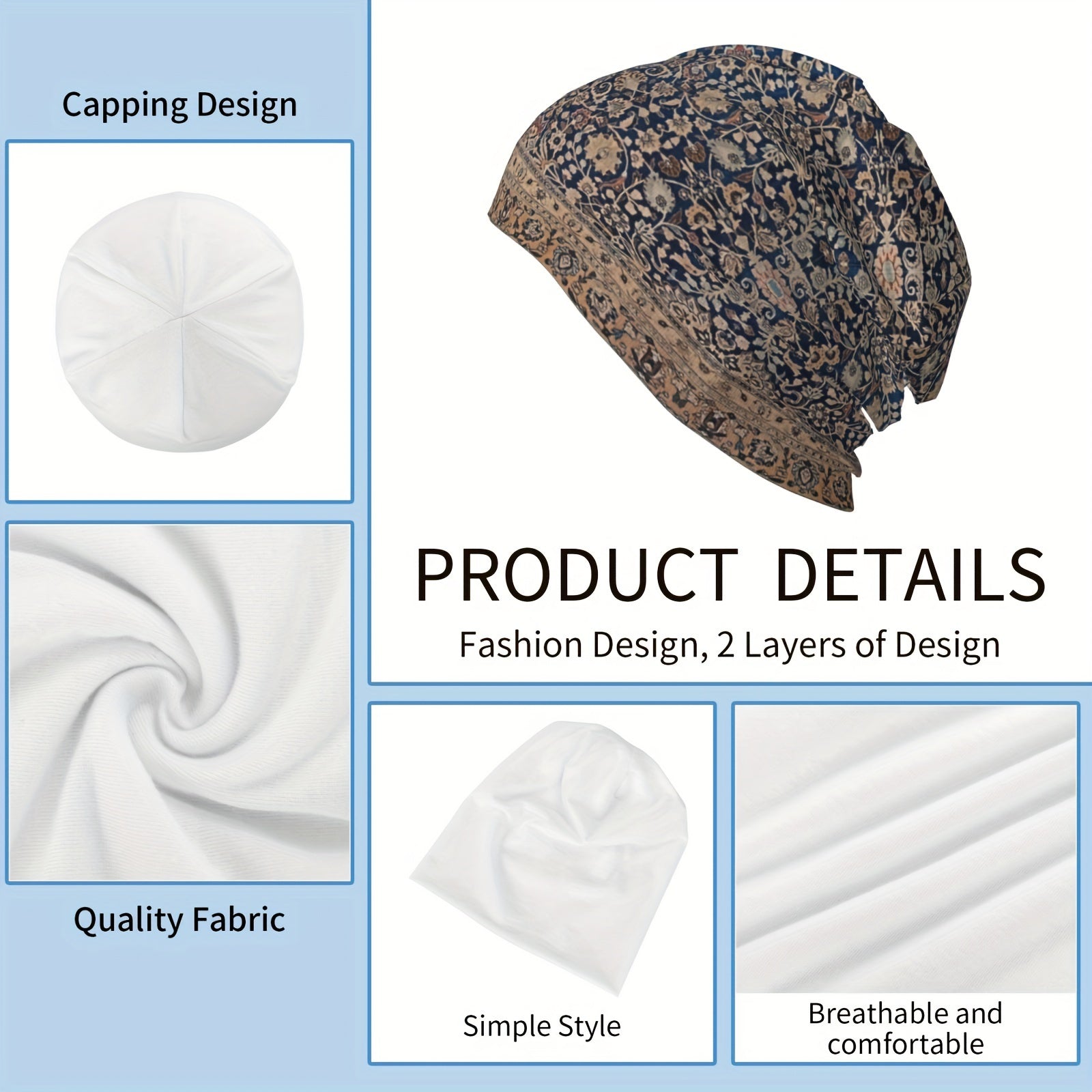 Antique Tabriz Persian Rug Beanie Boho-Chic Skull Cap for Men Women Soft Stretchy