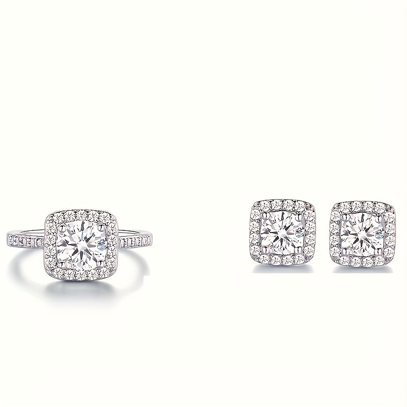 Zamonaviy hashamat uslubidagi Elegant Square Zirconia zargarlik to'plami, 14K oltin bilan qoplangan marjon, bilaguzuk va abadiy uzuk - to'y uchun mukammal sovg'a