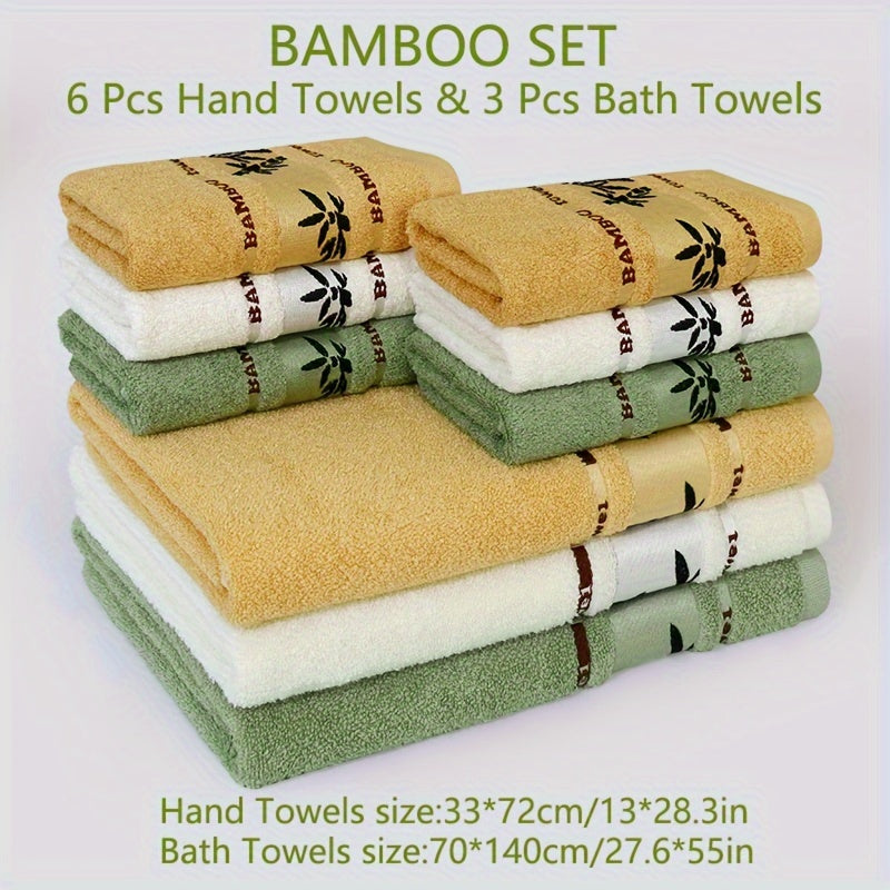 Bamboo Fiber Towel Set 9 Pieces Quick-Dry Embroidered Bath and Hand Towels