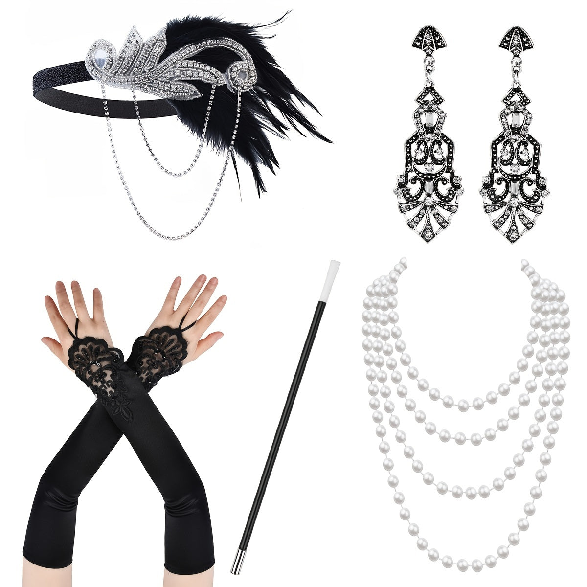Set de accesorios de disfraces con temática Gatsby para mujeres con diadema de plumas, guantes, collar de perlas y sujetapapeles para cigarrillos