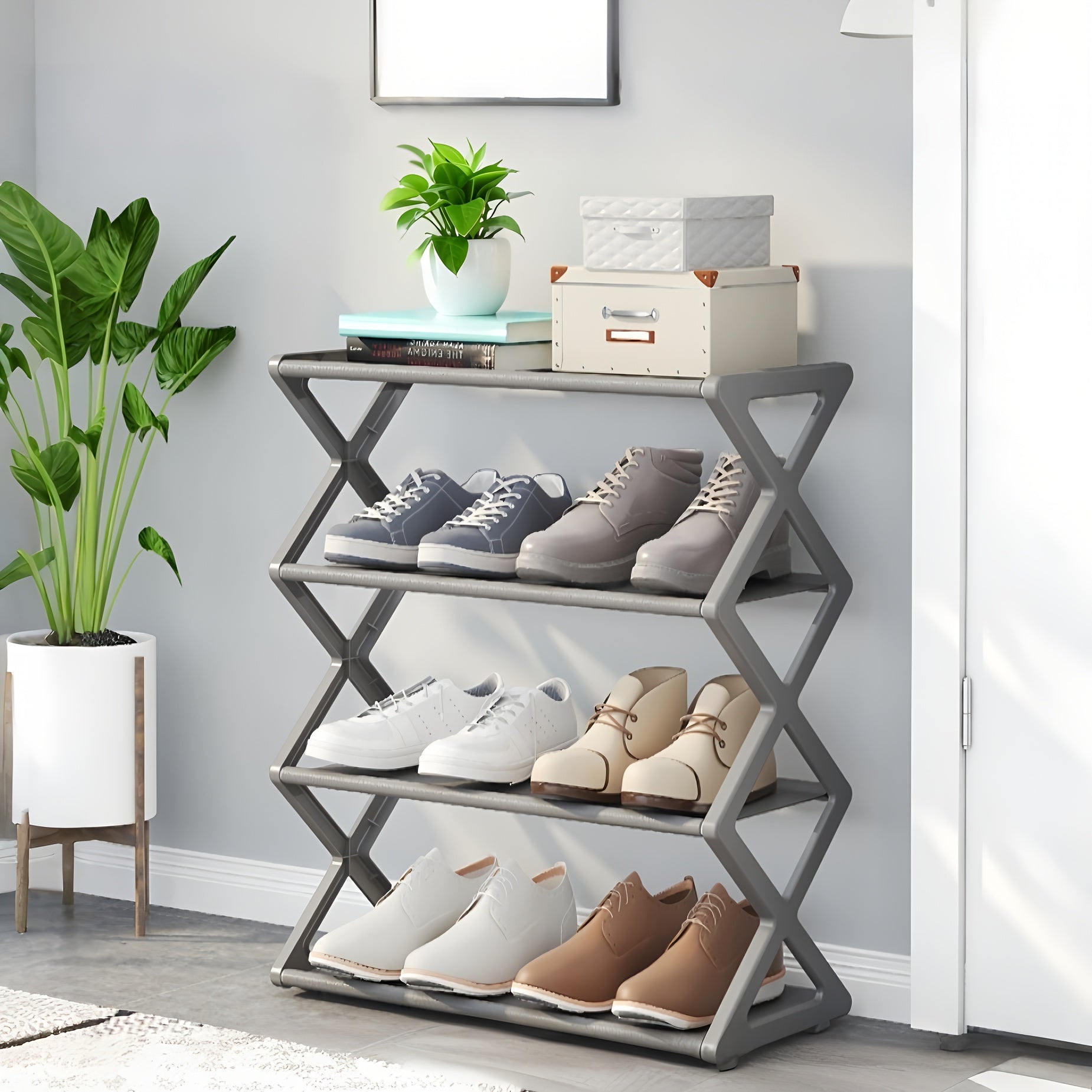 4-Tier Foldable Plastic Shoe Rack with 12-Pair Capacity Vintage Design Stackable No Assembly