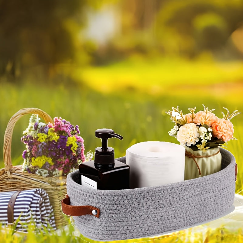 cesta de almacenamiento tejida con asas dobles para organización de escritorio y baño negro gris amarillo