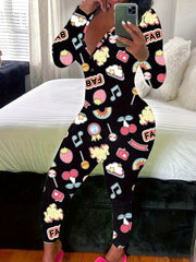 Women's Lounge Jumpsuit Polyester Casual V-Neck Long Sleeve Button Print