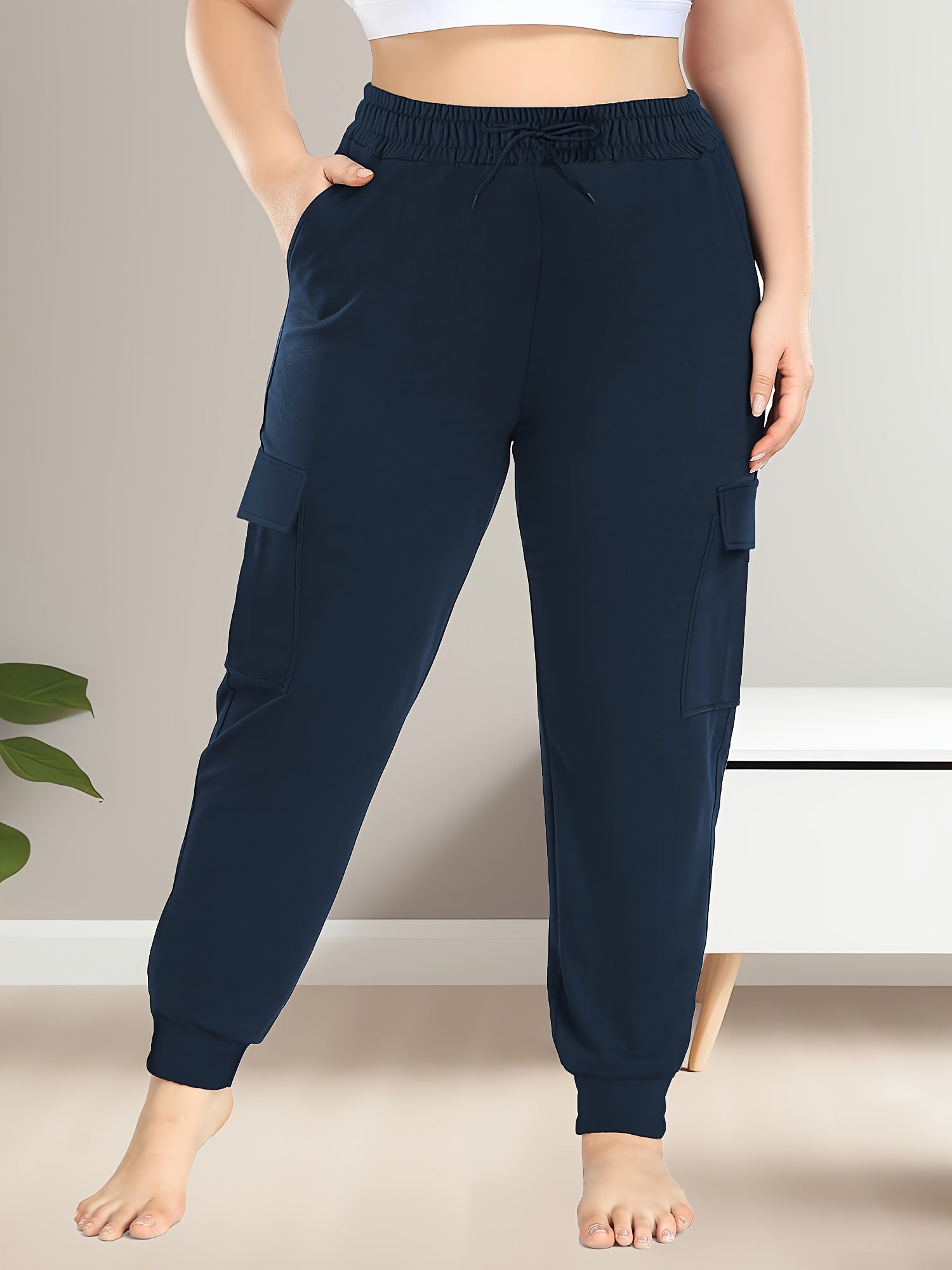 Pantalones cargo de talle alto para tallas grandes con bolsillos, poliéster elástico, cómodos