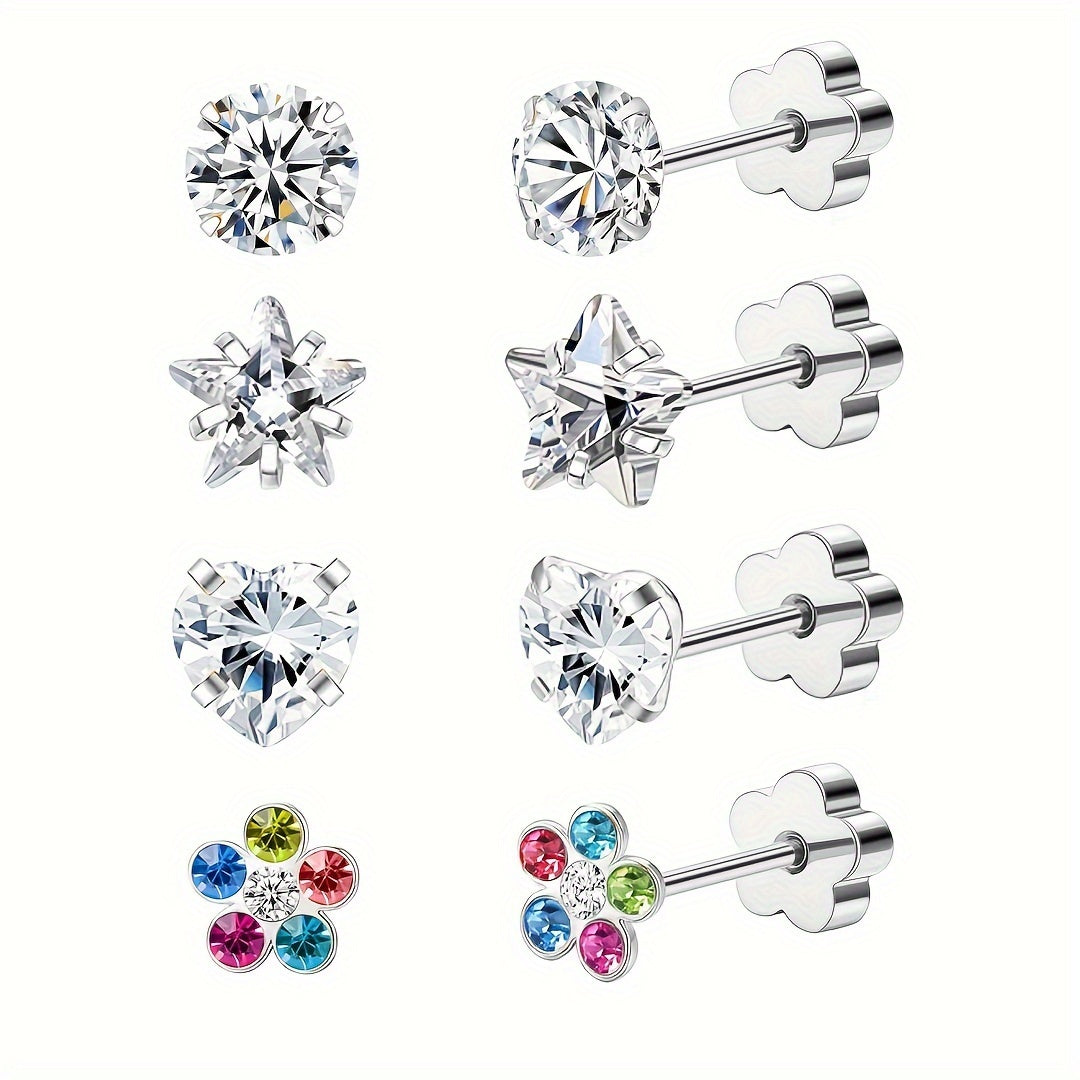 Hypoallergenic Flat Back Earrings for Women Men Girls Star Heart Protein Stone Silver Pink AB