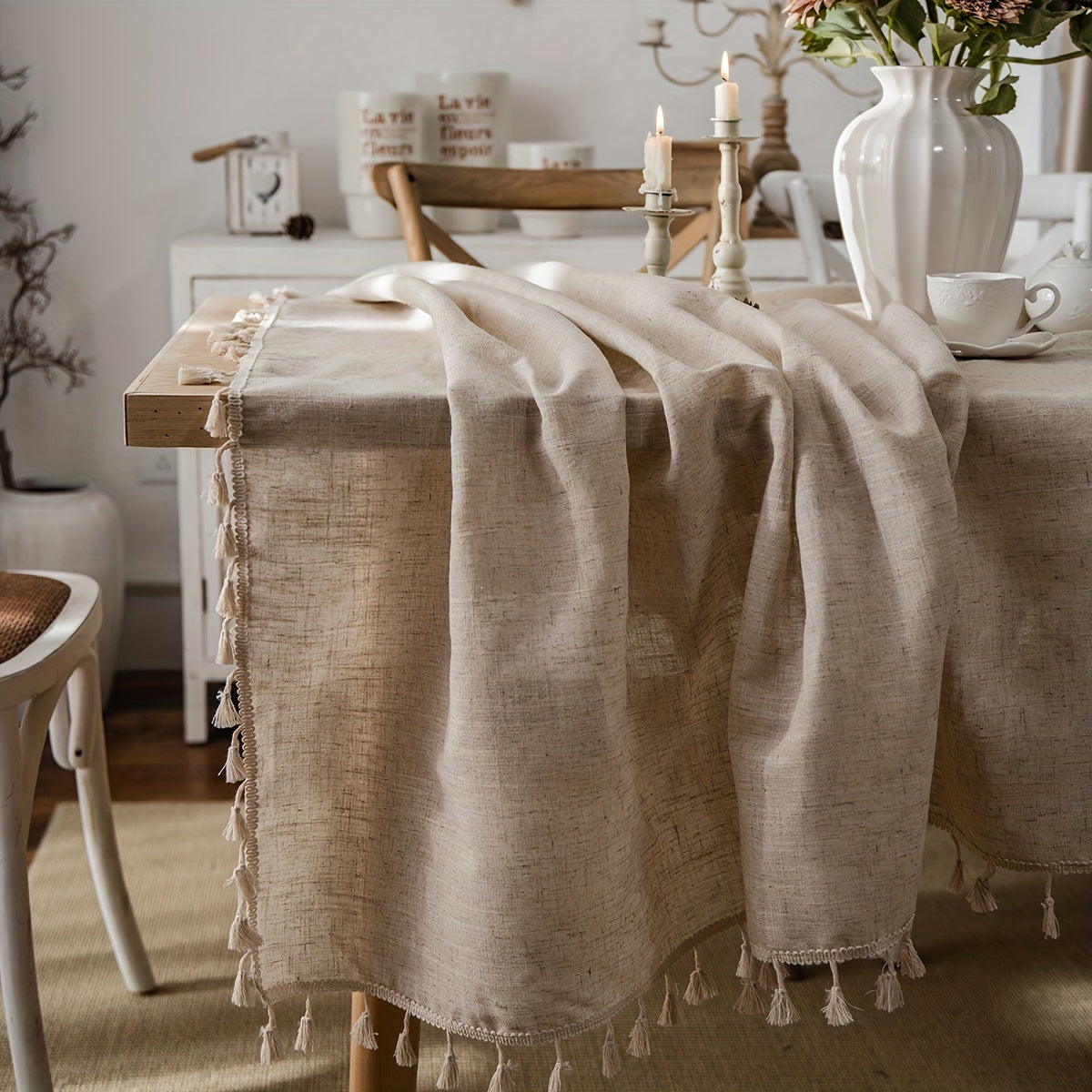 Beige Tassel Tablecloth Rectangular Polyester Blend Fringe for Dining and Coffee Tables