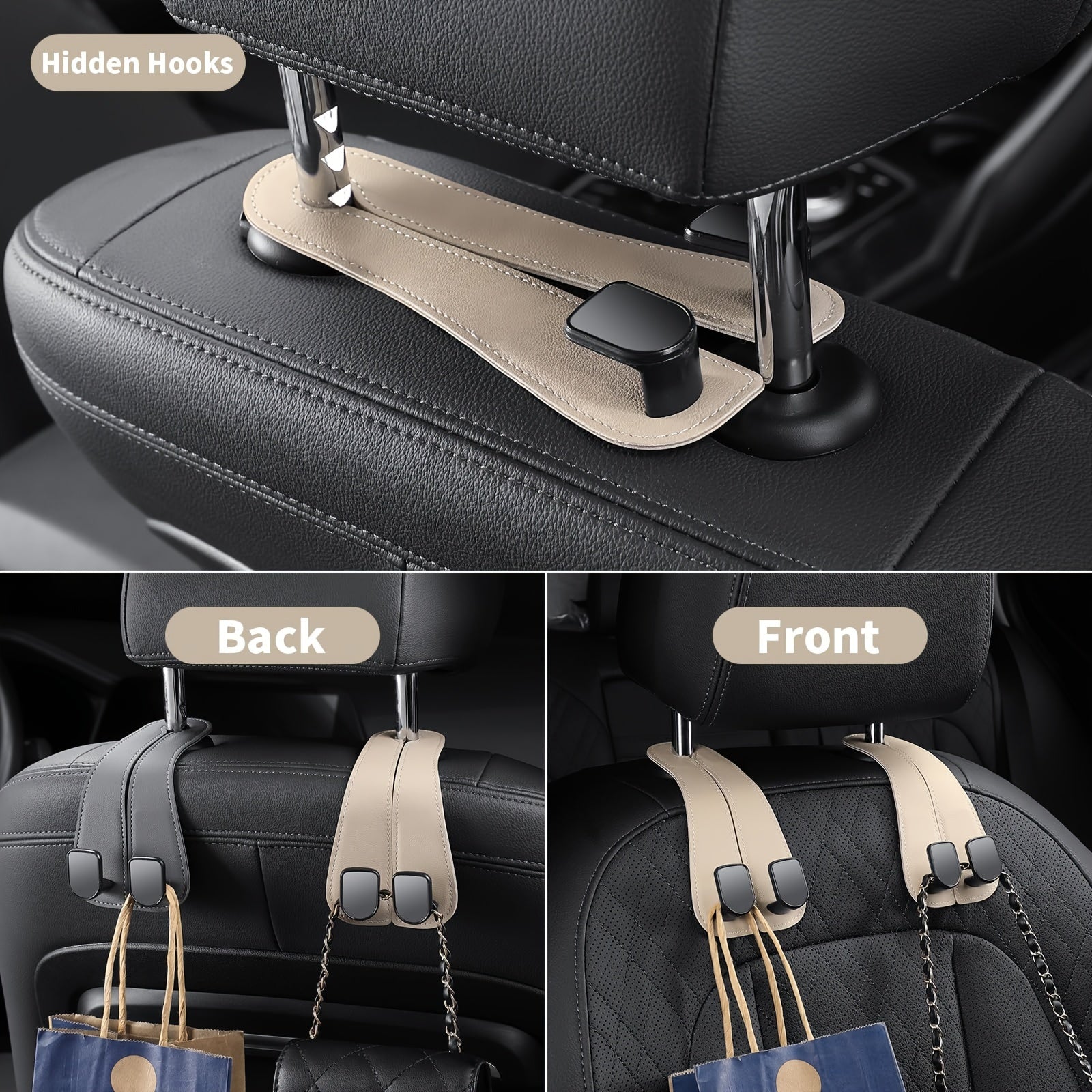 2 шт. бежевых крючков для автомобильных подголовников из ПВХ, двойной дизайн крюка для сумок и рюкзаков