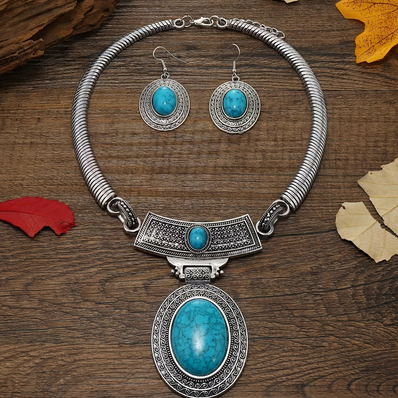 Conjunto de joyería estilo boho con incrustaciones de gema y pendientes de grabado retro para uso diario o de fiesta