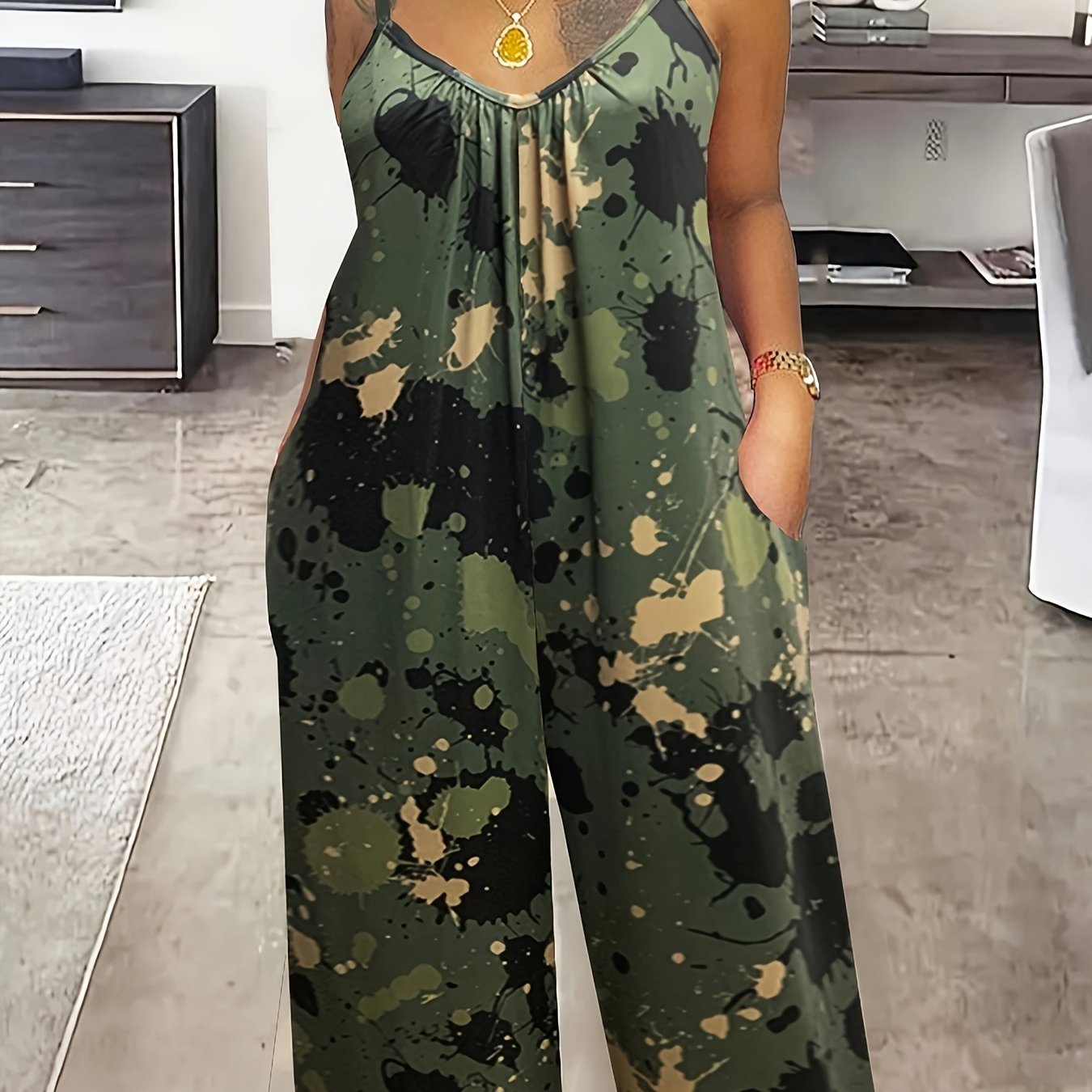 Women's Plus Size Splash Print Cami Jumpsuit With Pockets