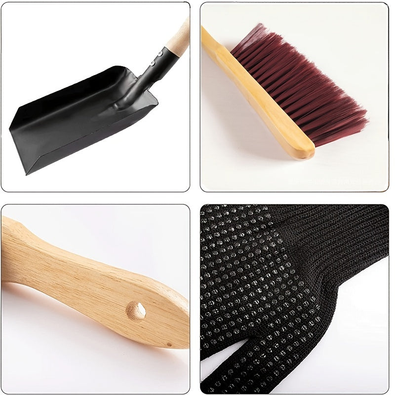 Fireplace Cleaning Tools Set 4 Pieces Ash Shovel Brush Gloves Durable