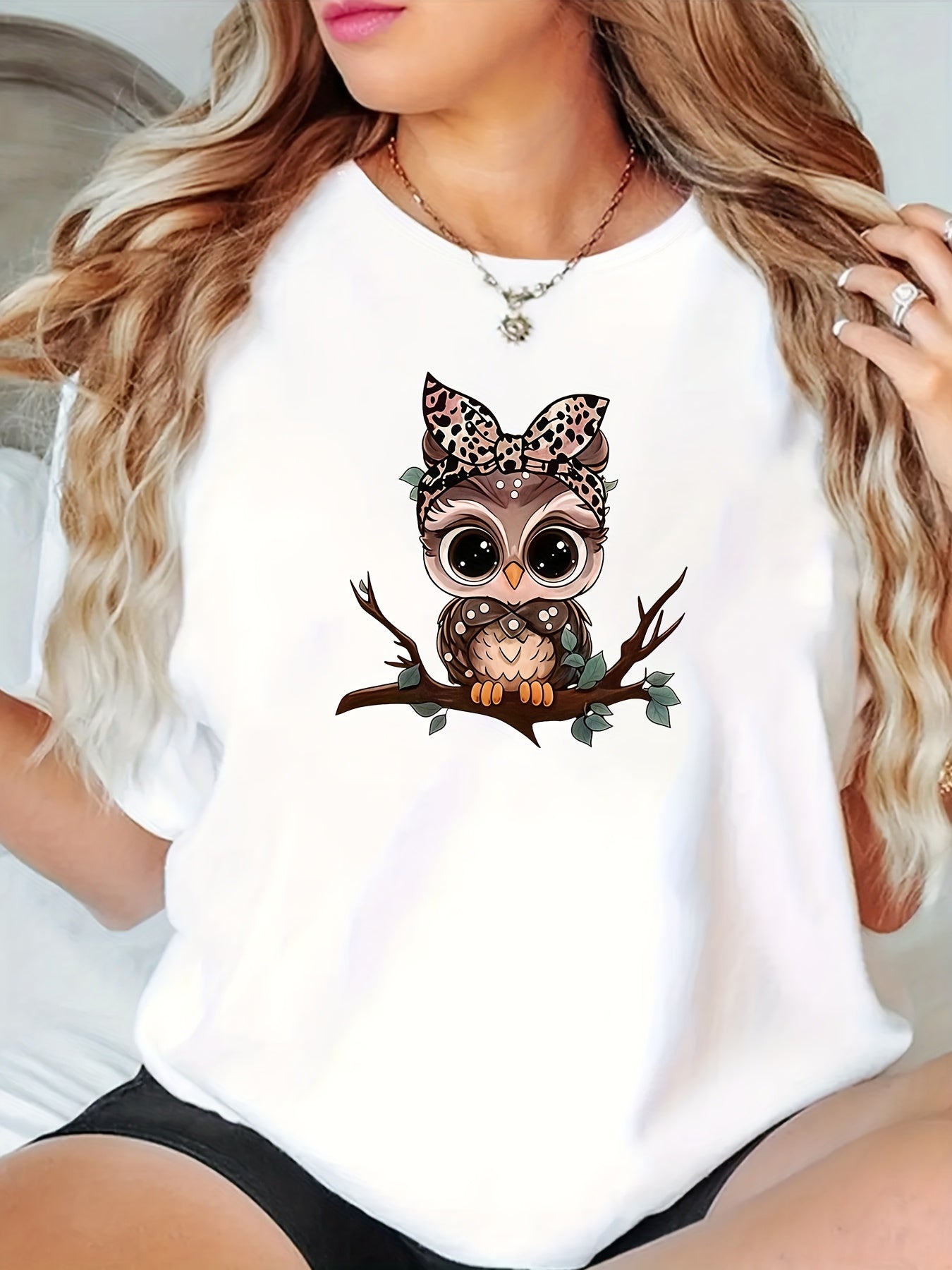 Plus Size Women's Cotton Short Sleeve T-Shirt Cute Owl Leopard Print Casual Top