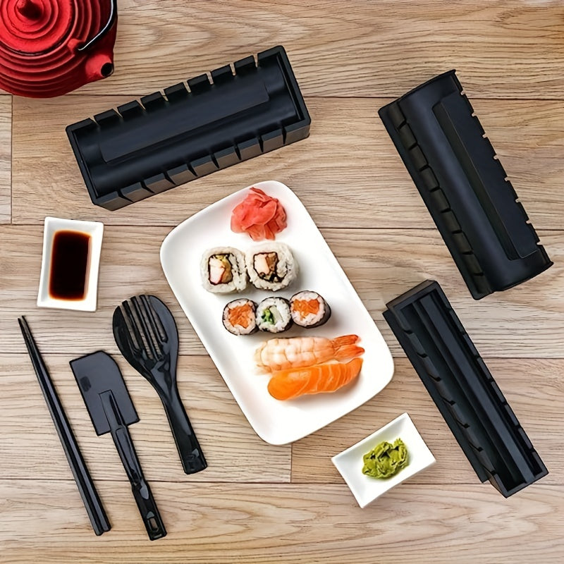 Uyda sushi tayyorlash uchun 10 dona to'plami - Plastik sushi aylantiruvchi, guruch qolipi, tarqatuvchi va boshqa oshxona asboblari kiradi - Maktab ovqatlari va uyda pishirish uchun zarur.