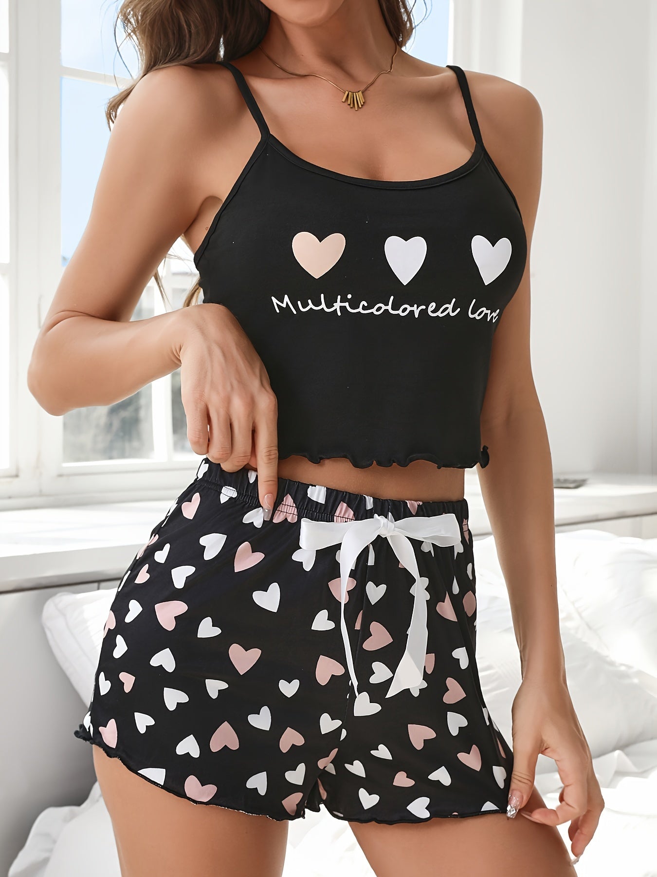 Women's Valentine’s Day Pajama Set Heart and Letter Print Cami Top and Shorts