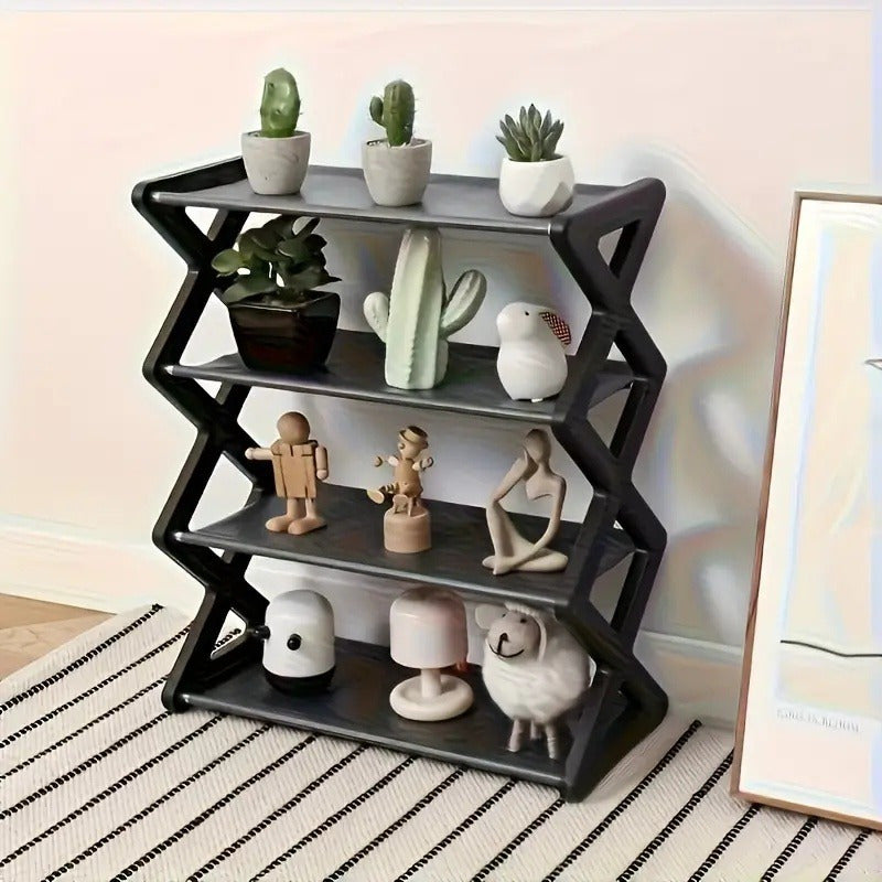 Black Plastic Shoe Rack Organizer 4 Tiers Foldable Space Saver for Closet Entryway Bedroom