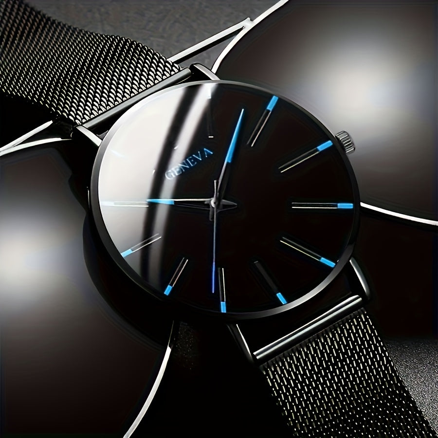 Men's Quartz Watch and Leather Bracelet Set Shock-Resistant Analog Round Case Fashionable