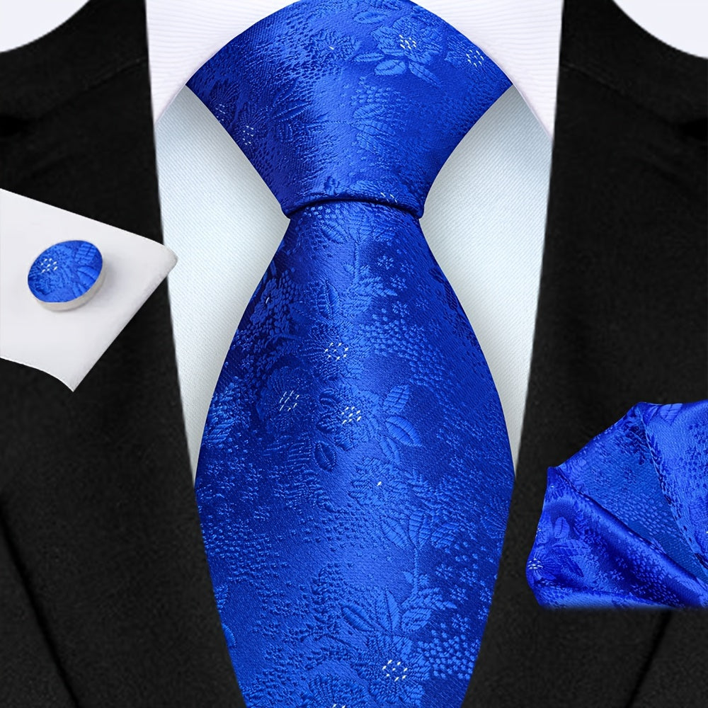 Men's 3-Piece Tie Set Floral Design Polyester Necktie Pocket Square Cufflinks for Weddings Business