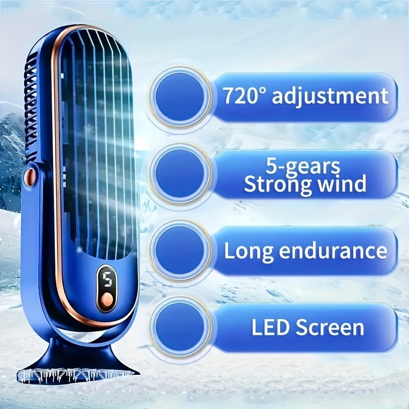 USB-Powered Desktop Fan with 1200mAh Battery, Digital Display, 5-Speed Control for Office Travel Camping