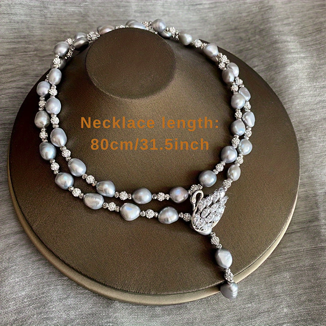 Freshwater Pearl Y-Necklace with Swan Clasp Silver Gray for Fall Winter Gift