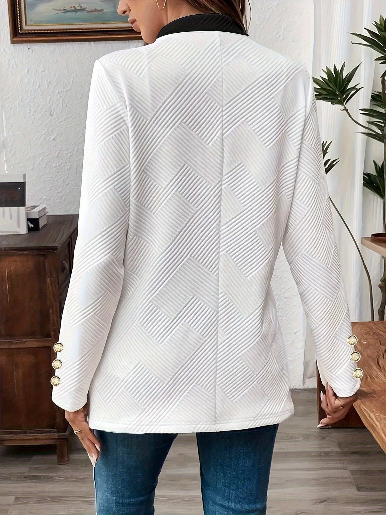 Women's Lightweight Blazer with Pockets Solid Color Geometric Texture Long Sleeve V-Neck