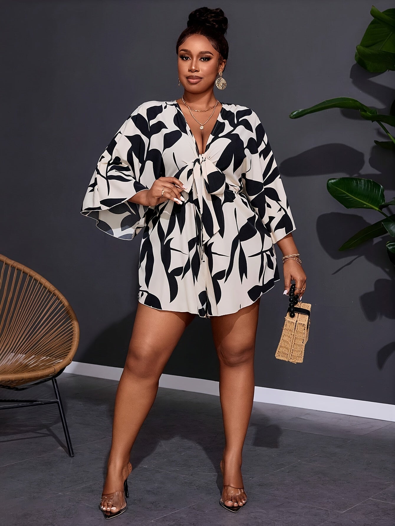 Plus Size Women's Jumpsuit V-Neck Tie-Front Floral Print Casual Summer