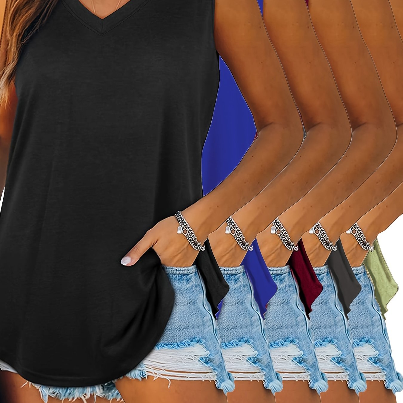 Женские майки больших размеров с однотонным цветом, 5 штук, без рукавов, с V-образным вырезом, повседневные