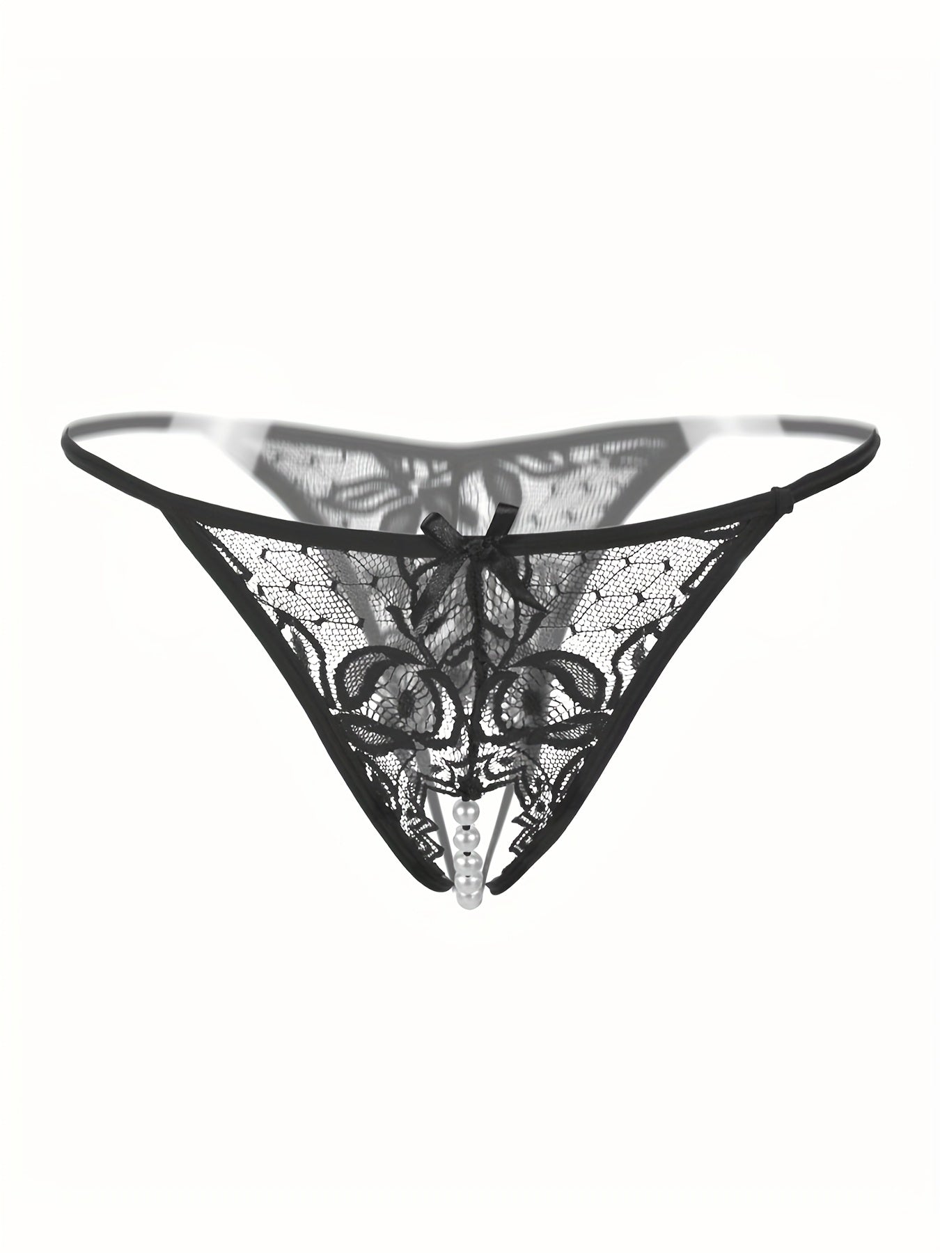 Women's Floral Lace Thongs with Faux Pearl Detail Open Crotch Sexy Lingerie
