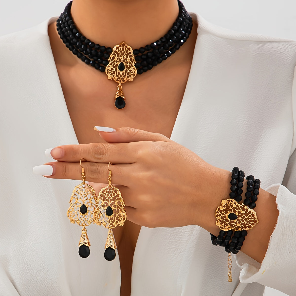 Set of 4 Elegant Crystal Water Drop Jewelry Set for Women Necklace Bracelet Earrings Gold Tone