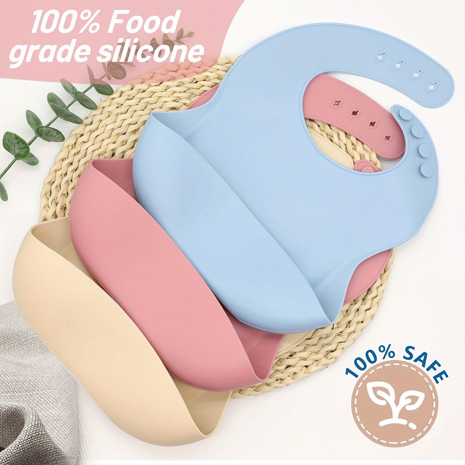 Adjustable Food Grade Silicone Feeding Bib for Babies and Toddlers with Food Catch Pocket