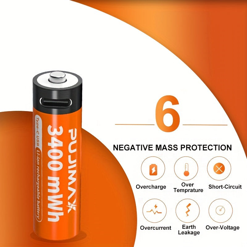 Rechargeable Lithium AA and AAA Batteries with Type-C Charging Port 3400mWh and 1100mWh