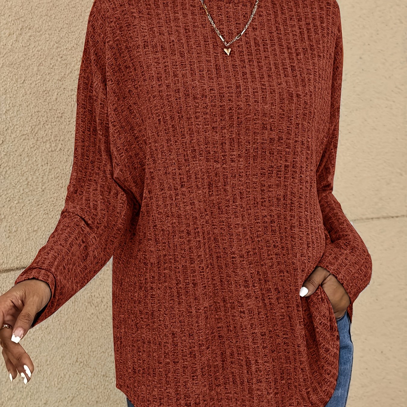 Plus Size Women's Cotton Ribbed Long Sleeve Drop Shoulder T-Shirt