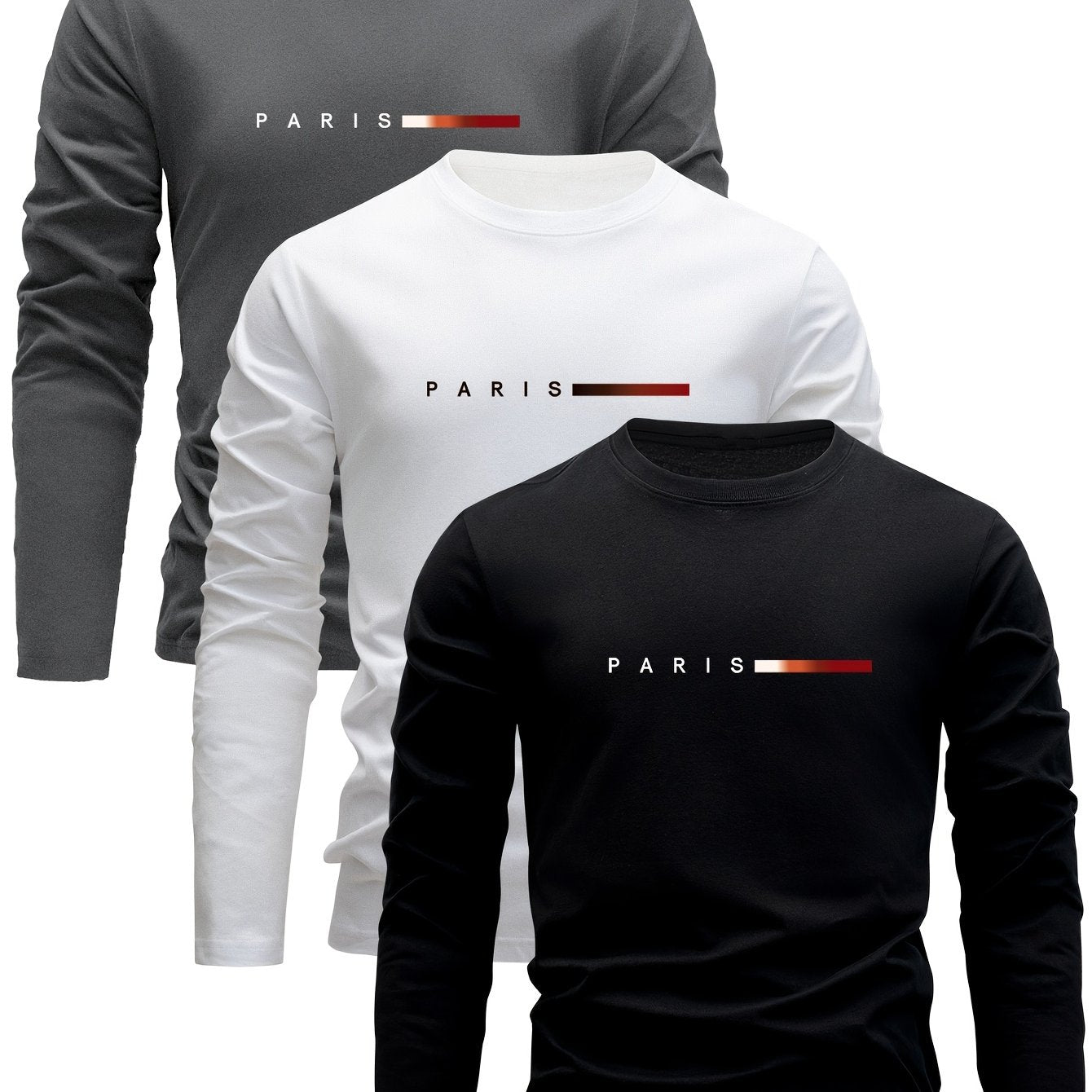 Set of 3 Men's Long Sleeve Cotton T-Shirts with Paris Print Casual Spring Fall Wear