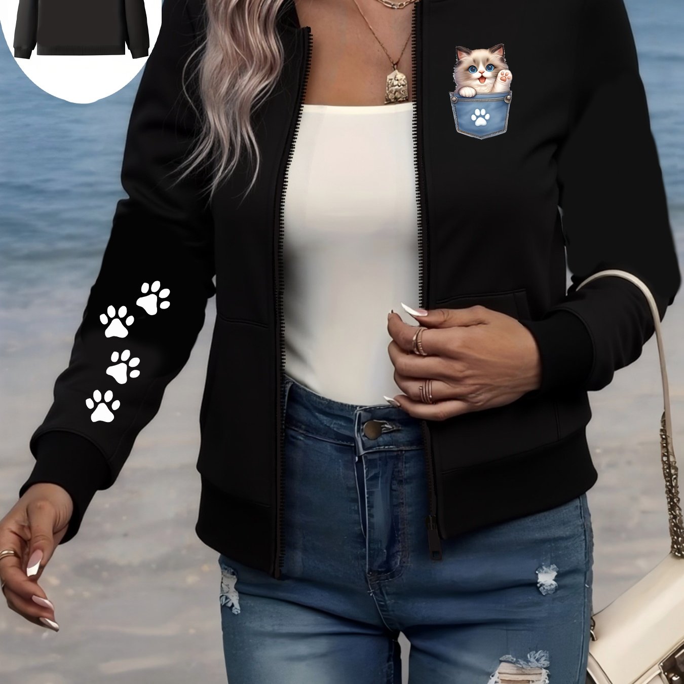 Women's Plus Size Casual Bomber Jacket with Cat Print and Pockets