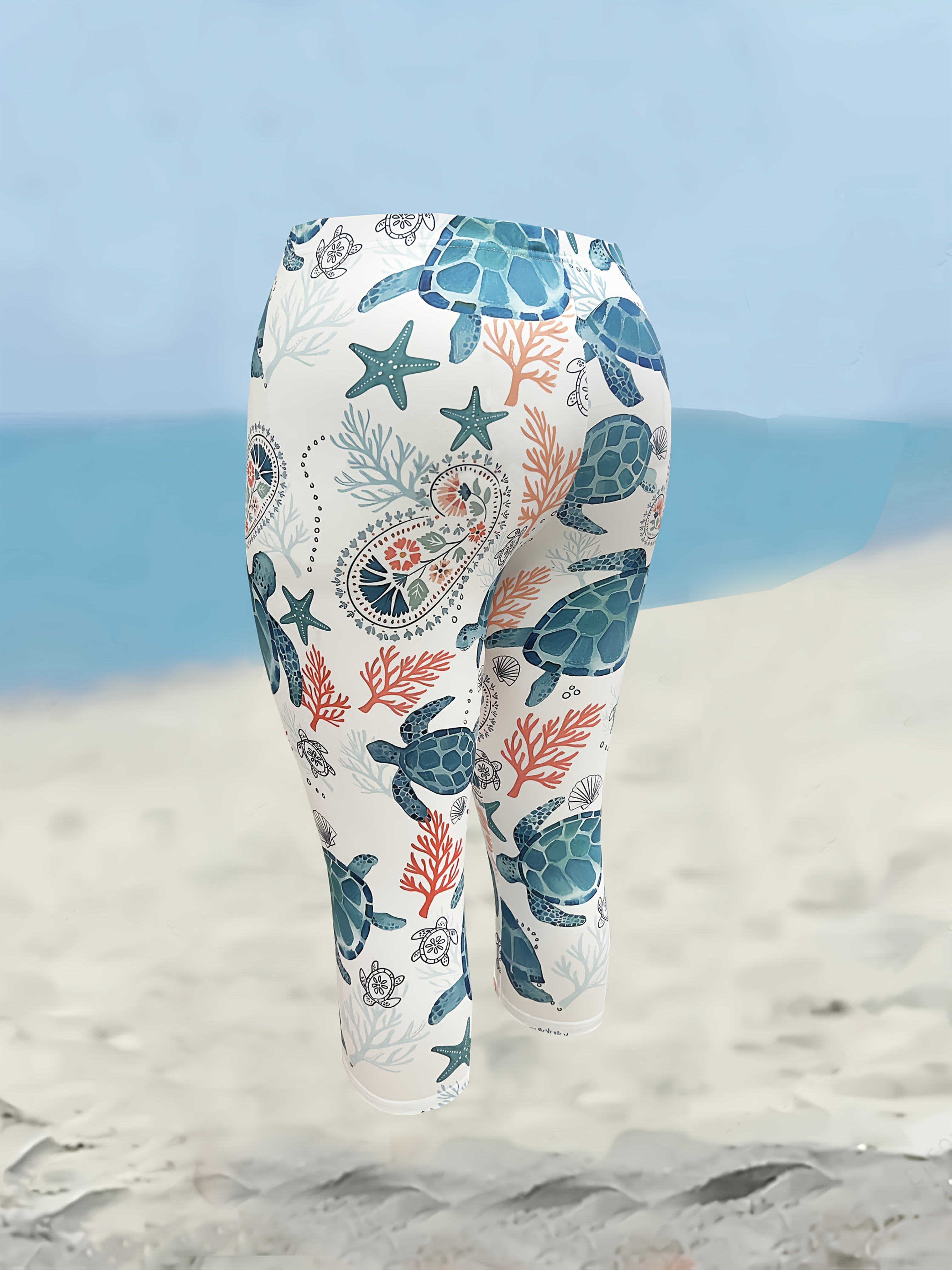 Plus Size Women's High-Waisted Capri Leggings Tropical Print Stretchy Comfortable