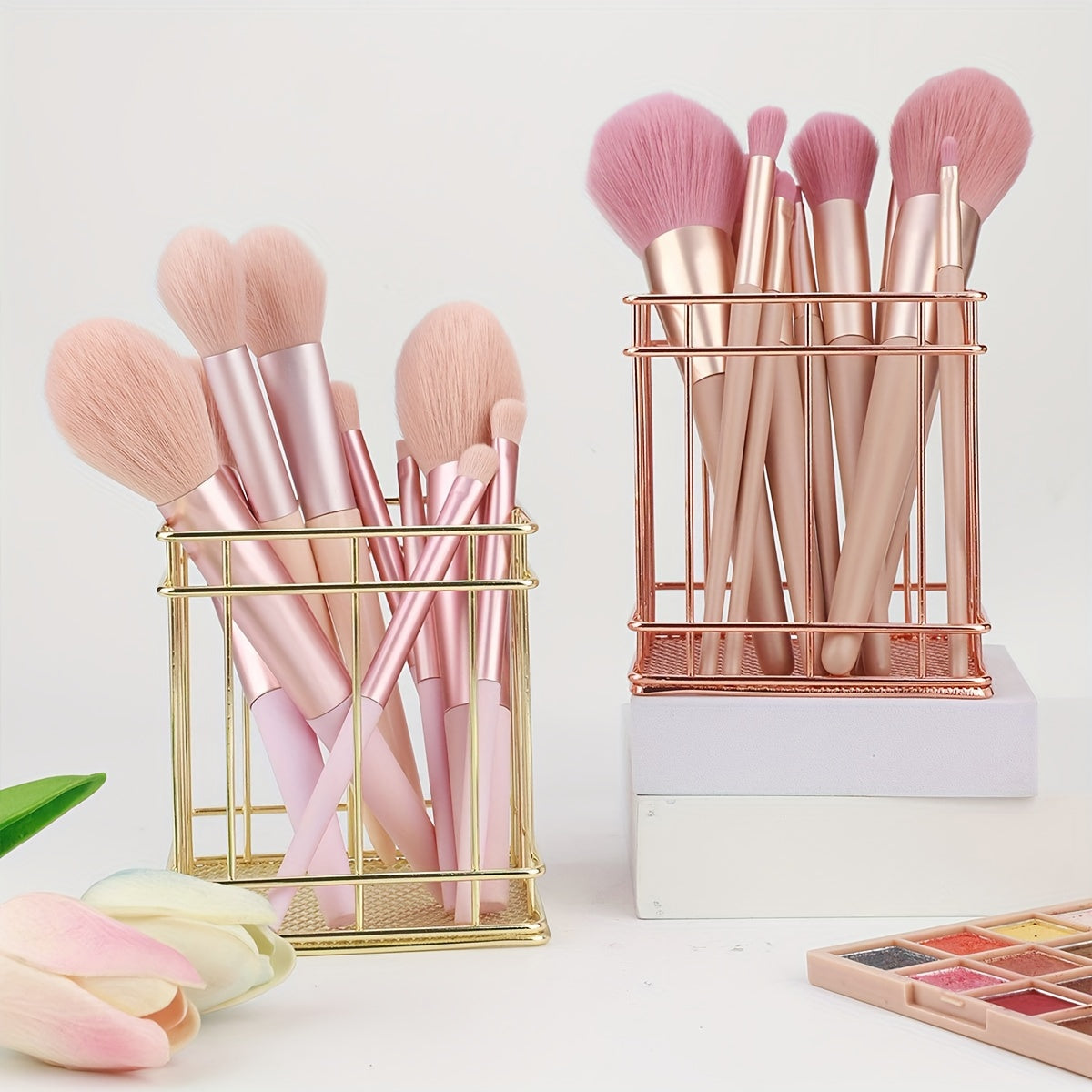 Golden Iron Makeup Brush Holder Rust Resistant Polished Finish Desktop Organizer