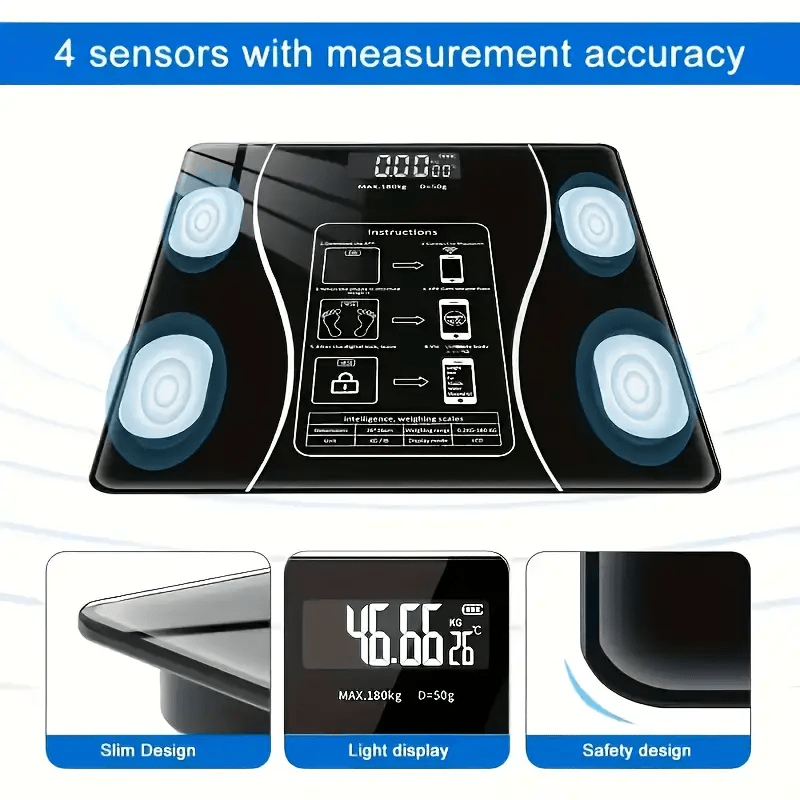 Wireless Body Weight Scale LCD Display Body Monitoring App Sync Temperature Battery Operated
