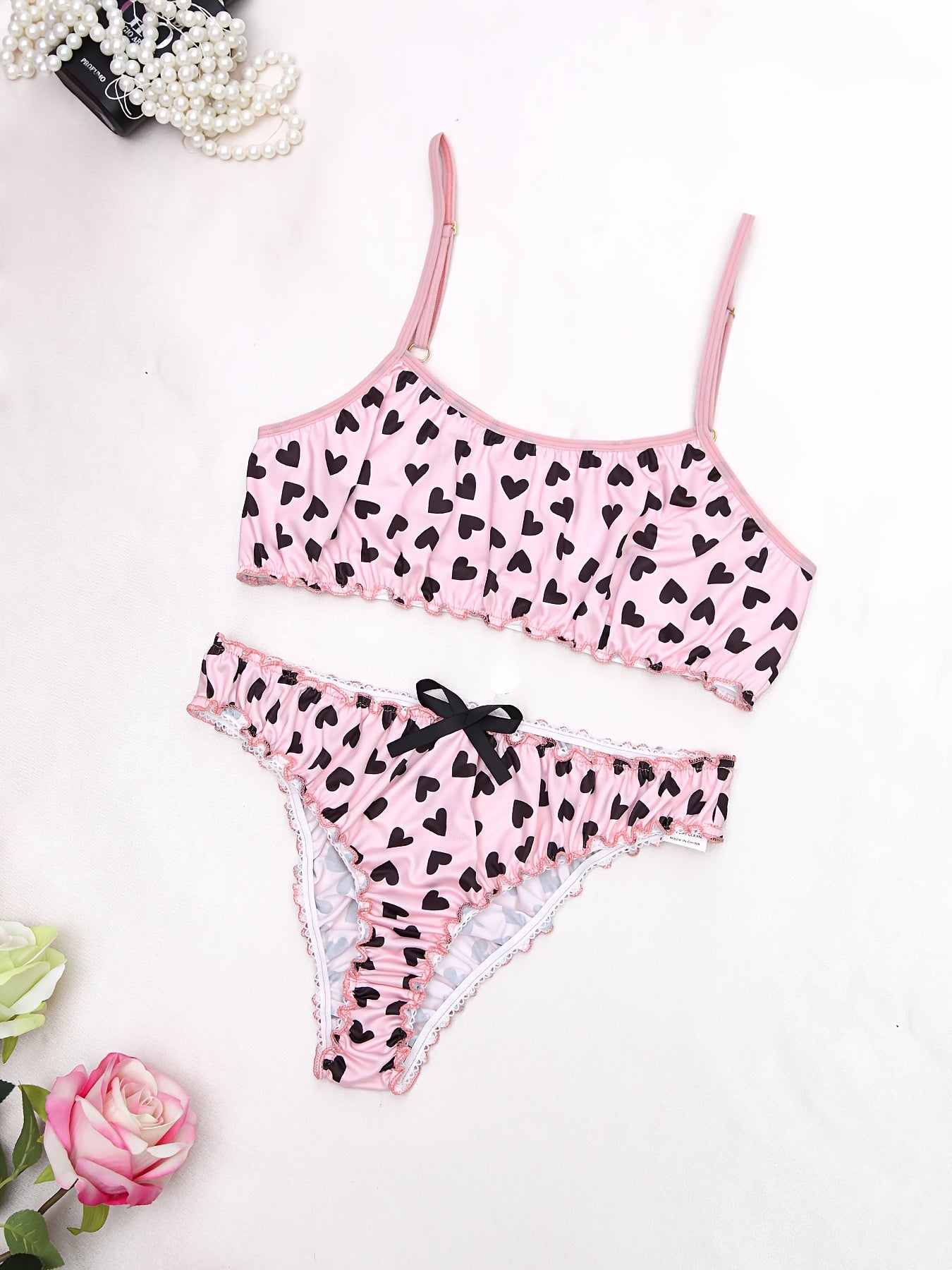Women's Heart Pattern Lace Lingerie Set with Adjustable Straps
