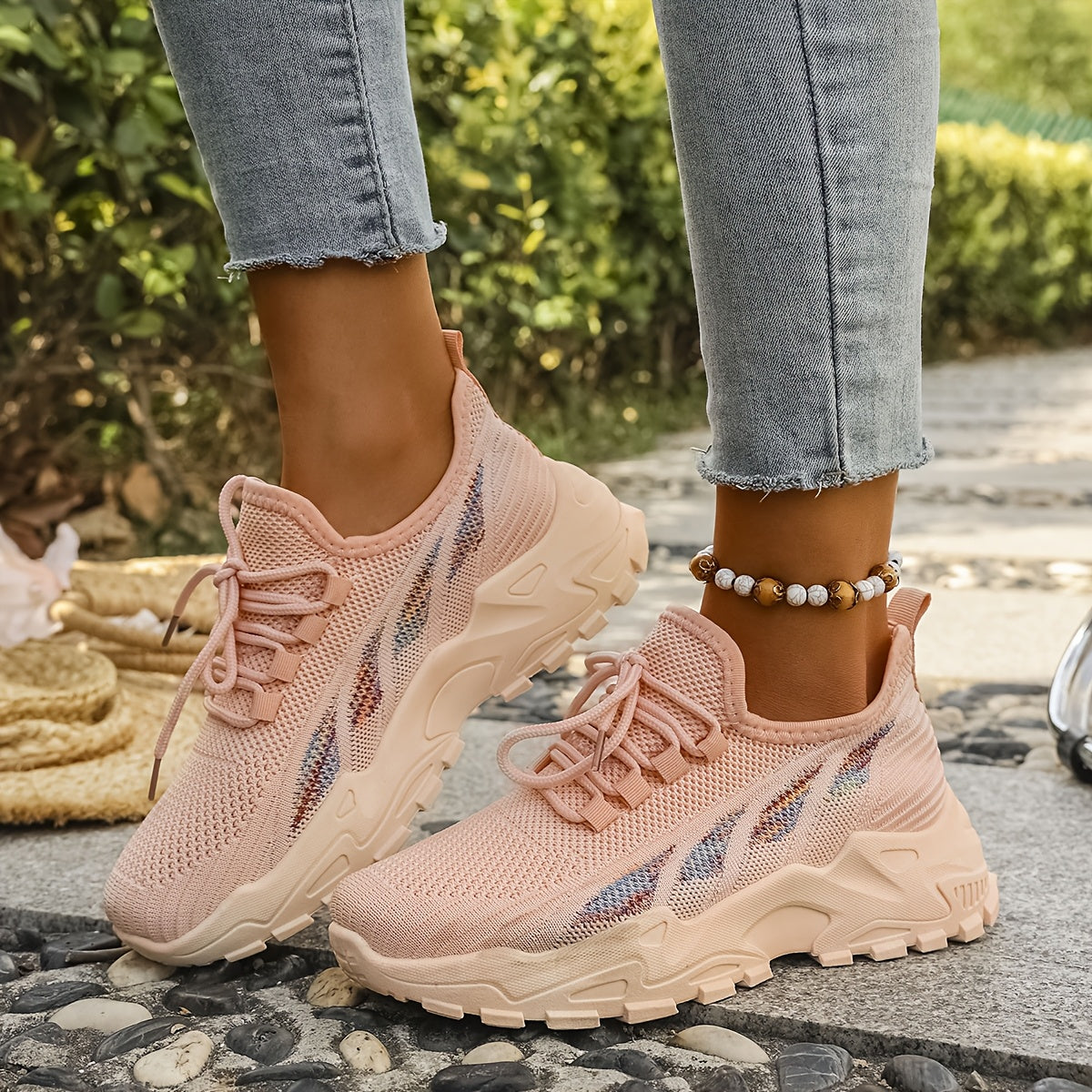 Women’s Breathable Knit Sneaker Casual Low-Top Walking Shoe with Round Toe