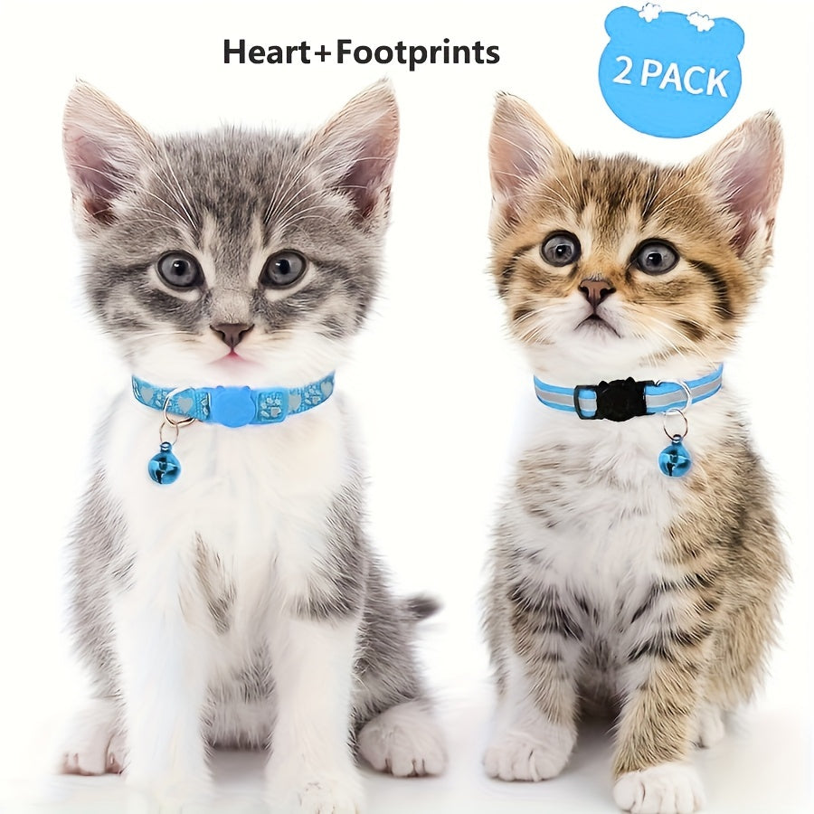 Reflective Cat Collars for Kittens with Footprints Bells Breakaway Design Polyester 2 Pack