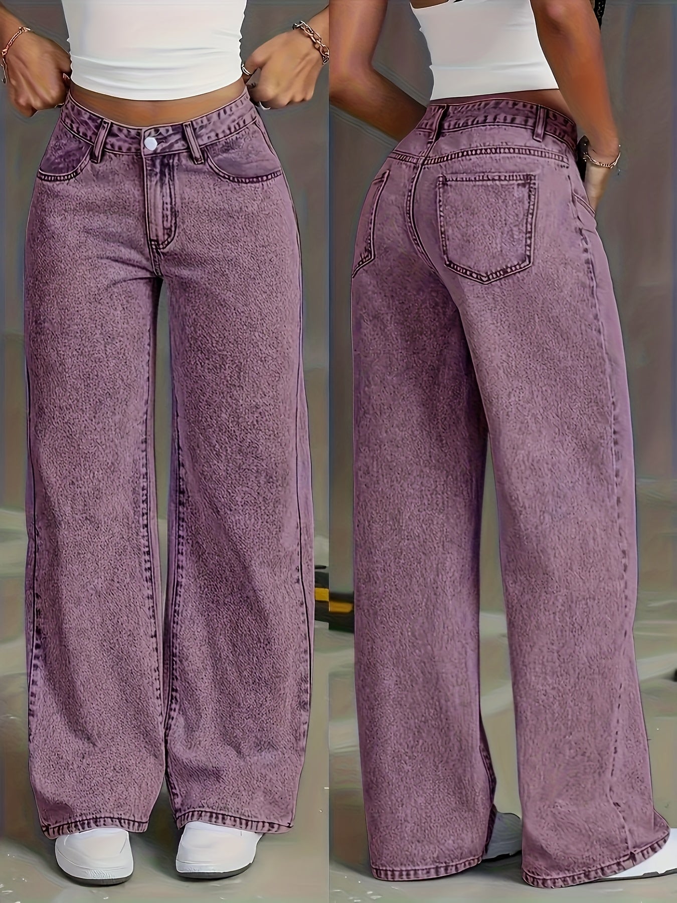 Jeans de mezclilla elástica de talla grande para mujer, de tiro alto y pierna recta, color morado
