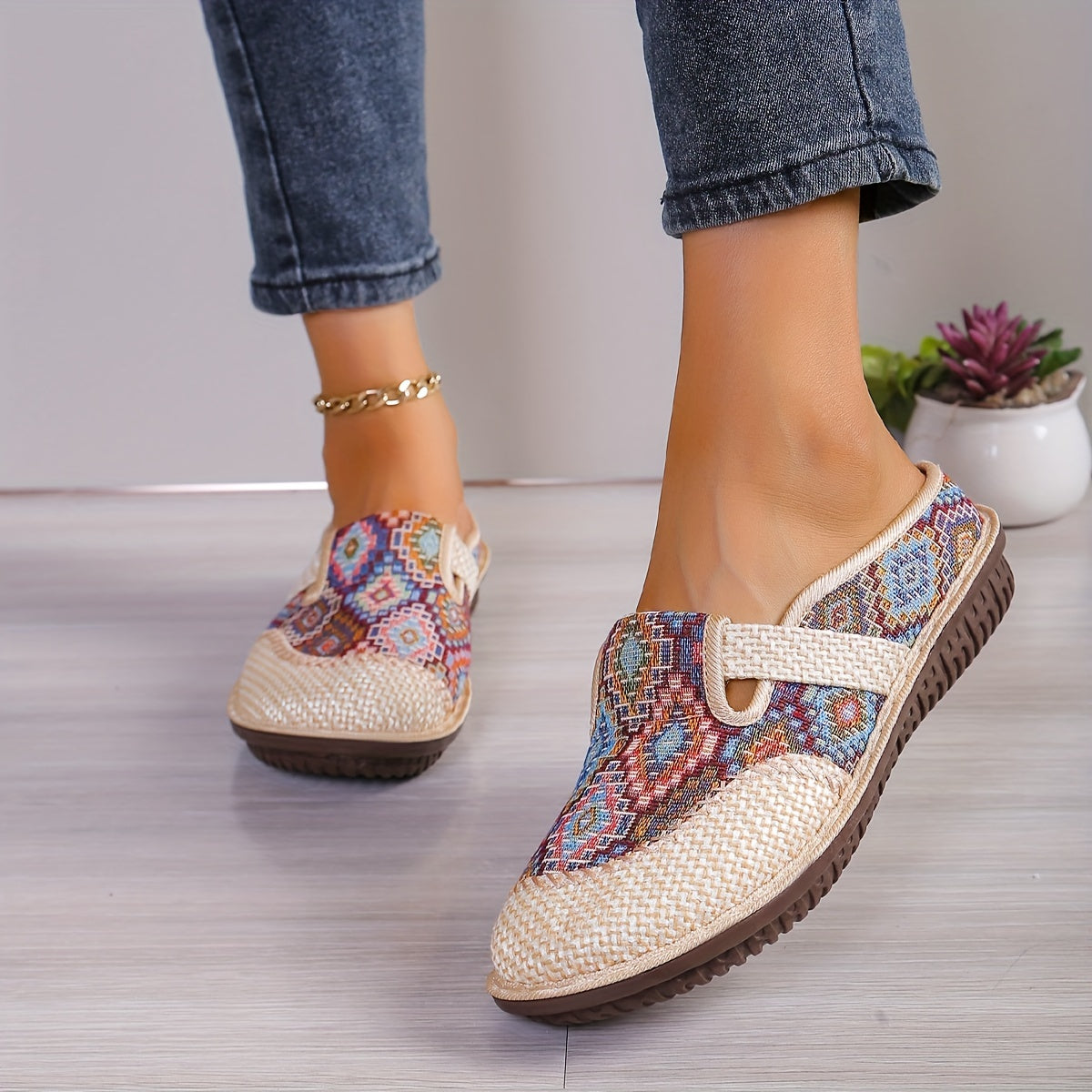 Women's Geometric Linen Mules with Round Toe Non-slip Flat Shoes