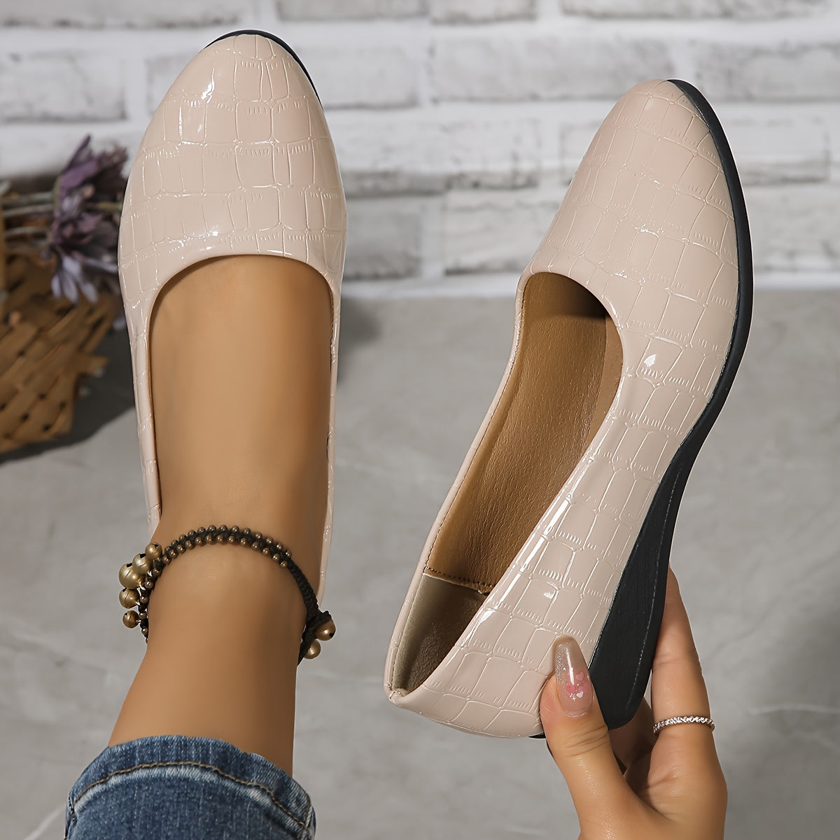 Women's Beige Crocodile-Embossed Wedge Heels Slip-On Comfort Shoes