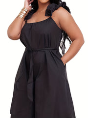 Mono de talla grande negro con hombros florales sin mangas y pantalón ancho