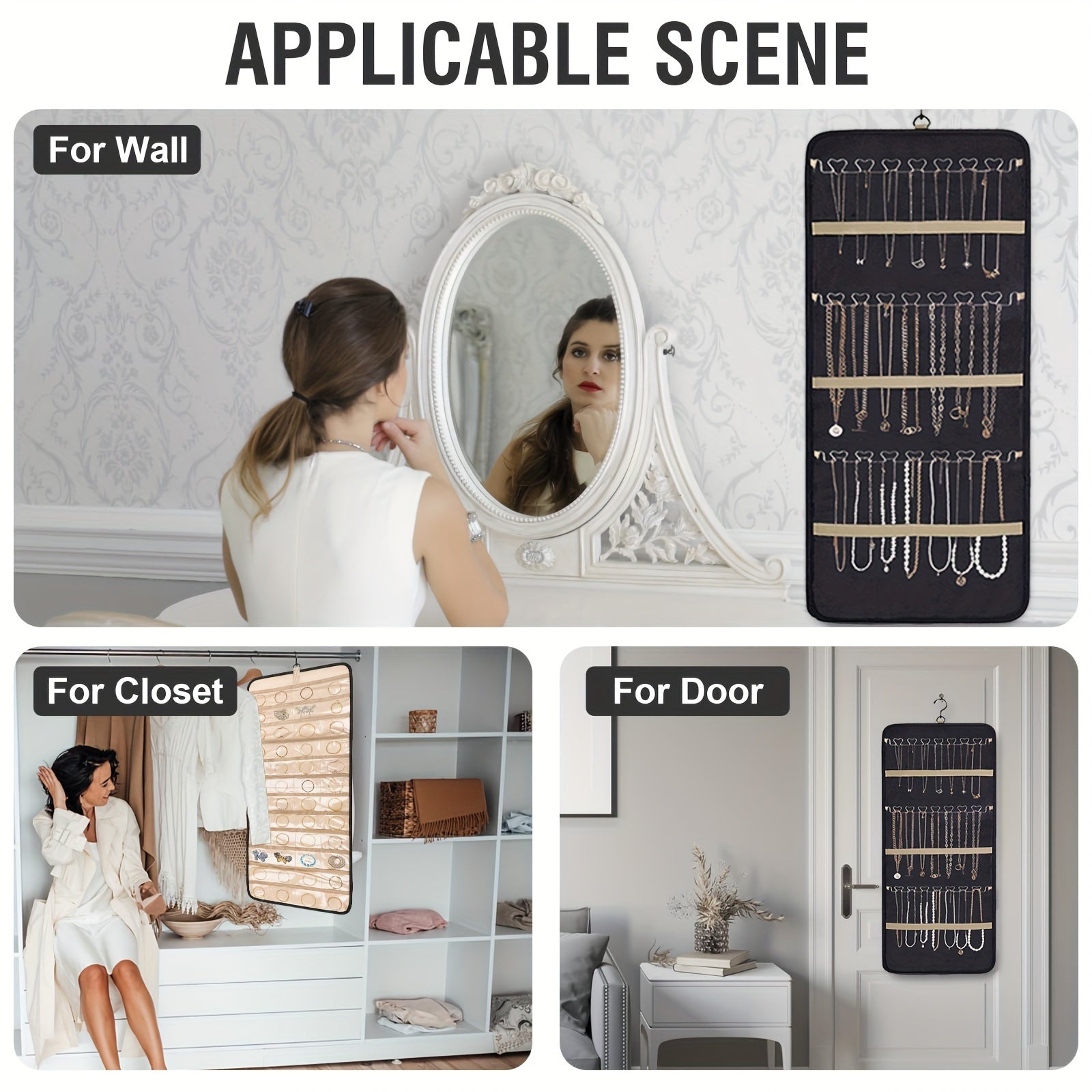 Zargarlik buyumlarini osib qo'yish uchun devorga o'rnatiladigan saqlash tashkilotchisi, uzuklar, marjonlar, marjonlar va sayohat uchun rulon bilan