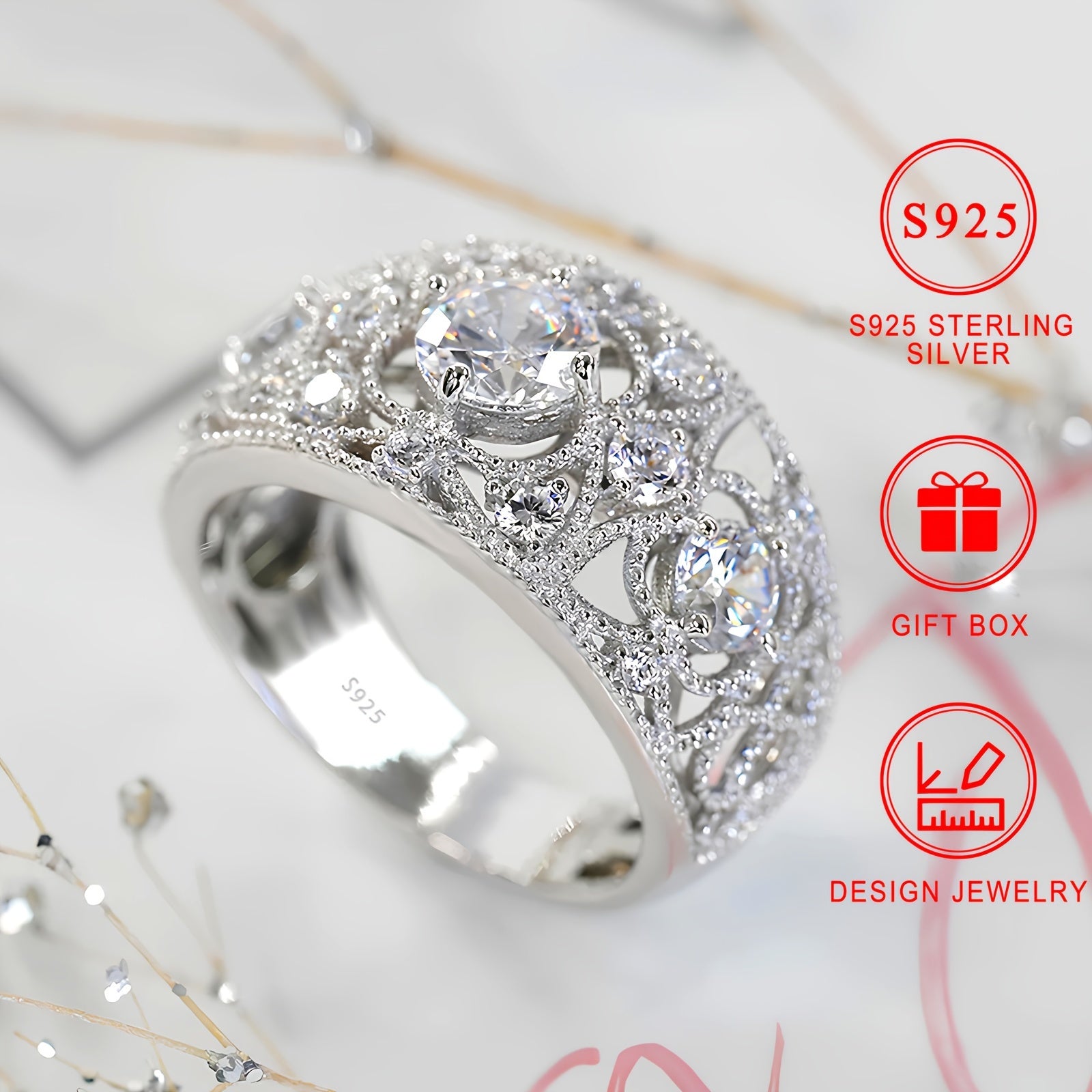 Women's Silver Ring 4.5g S925 Nickel-Free Synthetic Zircon Luxury Jewelry for Daily and Holiday Wear